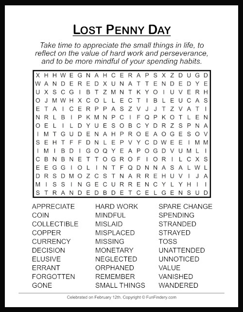Lost Penny Day Word Search