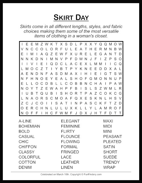 Skirt Word Search